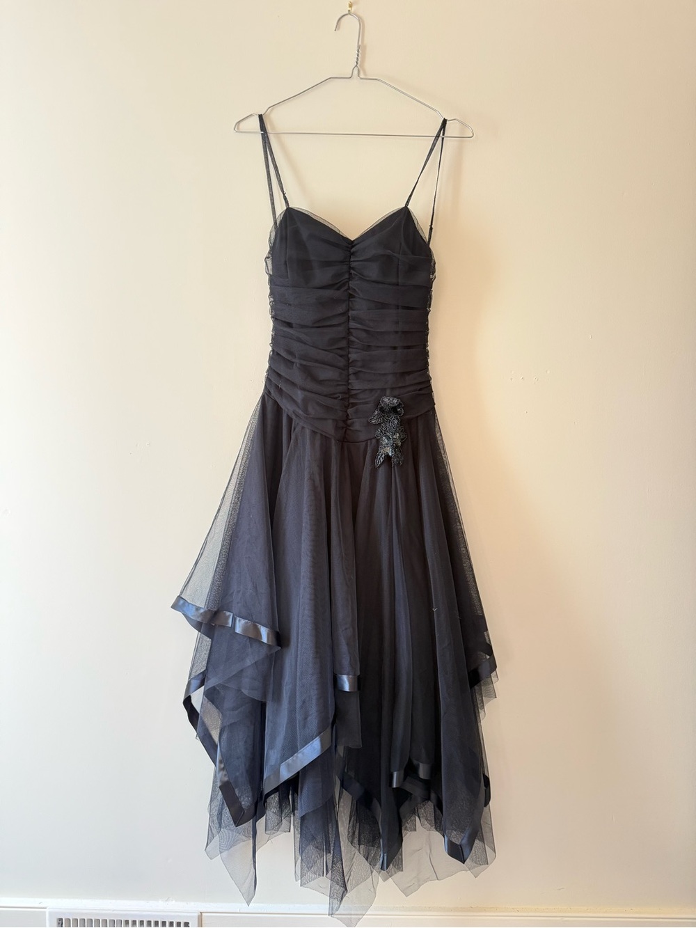 Kiki by Anjou Vintage Black Mesh Ruched Handkerchief Dress Size Small